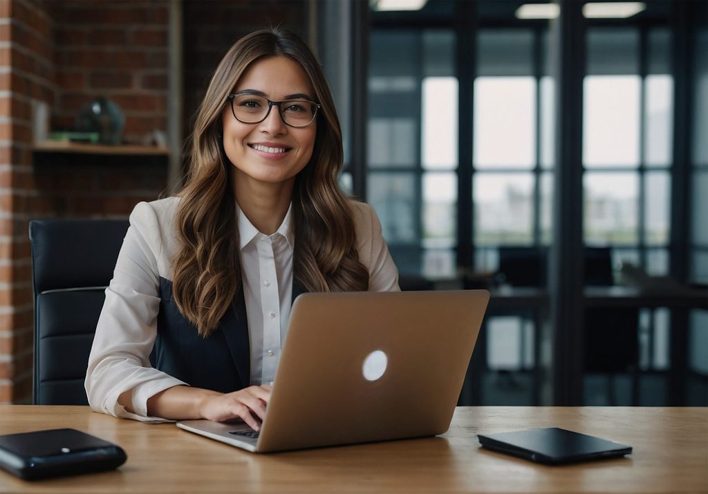 Woman at a desk with a laptop computer